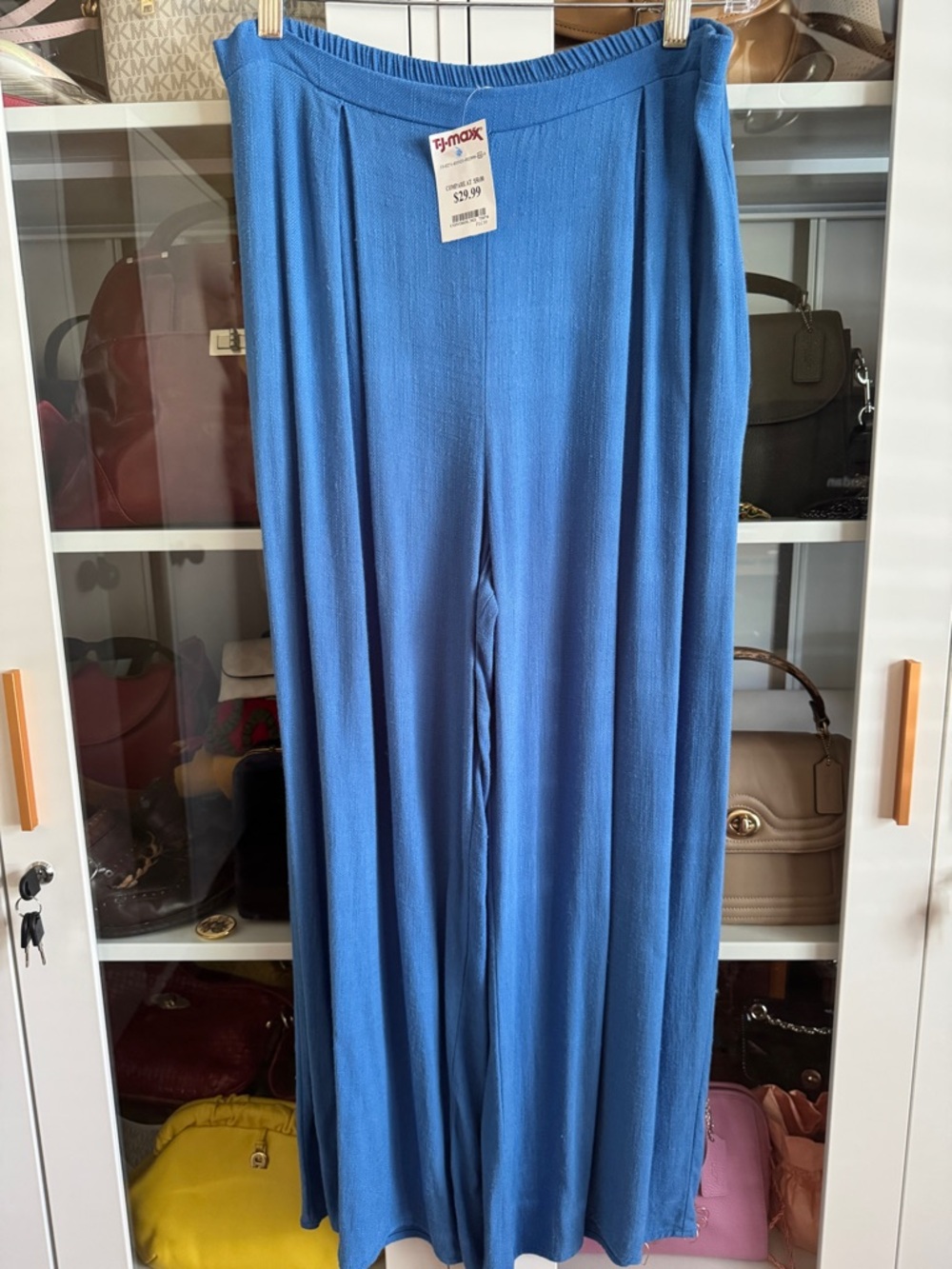Shein Blue Linen Blend Wide Leg Pants XL Elastic Waist Lightweight Summer